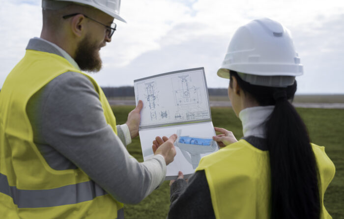 Engineers discussing construction site plans