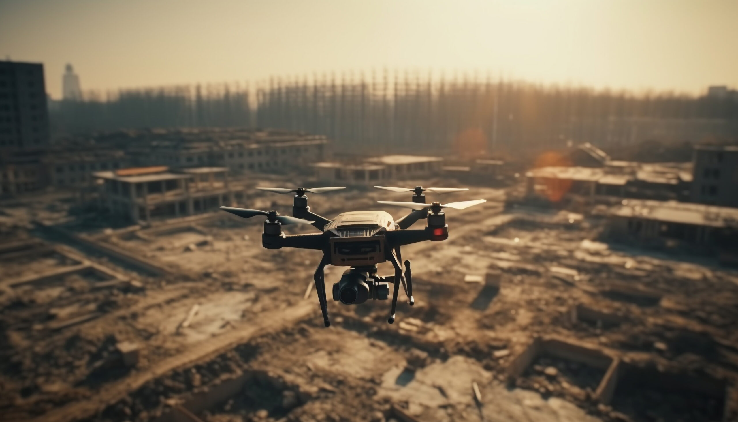 A hovering drone captures a detailed cityscape, highlighting UAV photogrammetry services for mapping and surveying.